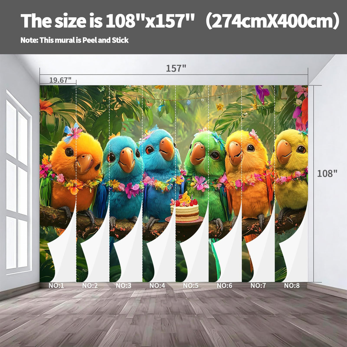 Peel Stick Wall Mural Wallpaper Parrots 157"x108" Decor A11 (A11 / 157" x 108")