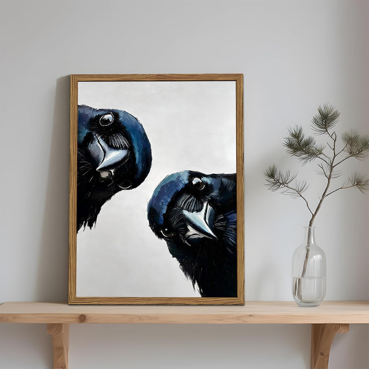 Funny Crow Wall Art Whimsical Black Bird Wall Decor Picture Gothic Raven Canvas Painting Print for Living Room Bedroom 12x16 inch Wood Framed (Animal-L / 16"L x 12"W)