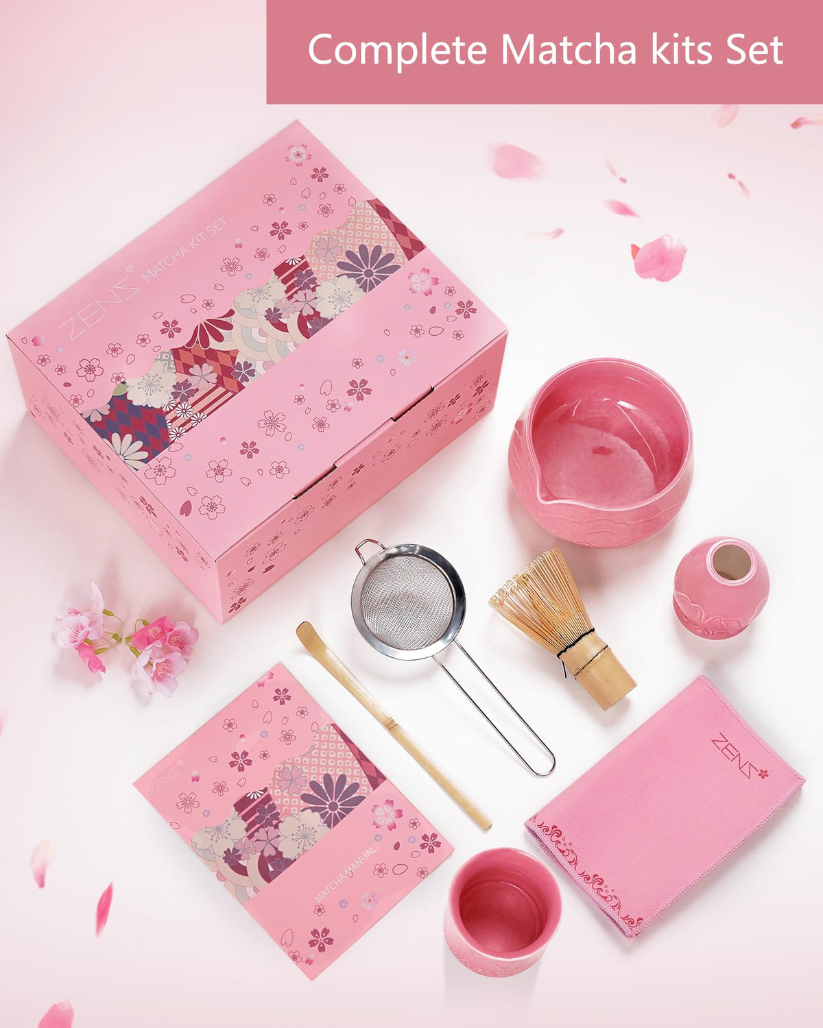 Premium Matcha Whisk Set with Blooming Cup (02-Pink / 7 Pcs)