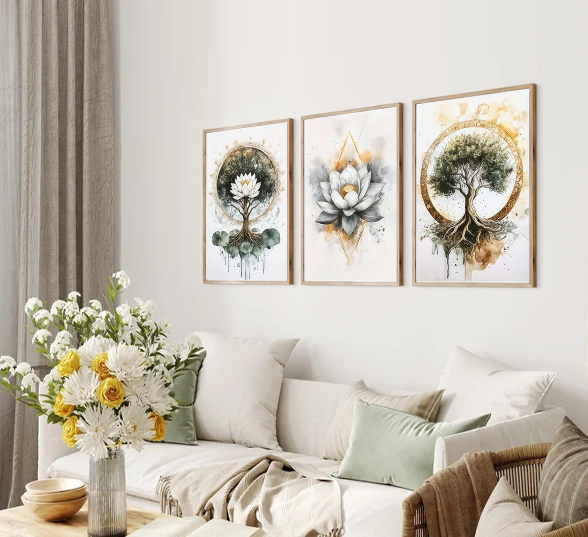 3PCS Zen Tree of Life Canvas Meditation Lotus Wall Art Unframed (Zen Tree of Life / 24"L x 16"W-Unframed)