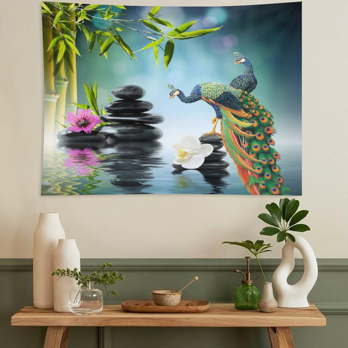 Zen Garden Tapestry Wall Hanging Peacock Green Bamboo Leaf Purple White Flower Black Stone Water Landscape Spa Themed Tapestries Home Decor for Living Room Bedroom 60"x60" (60"L x 60"W / Zen-9)