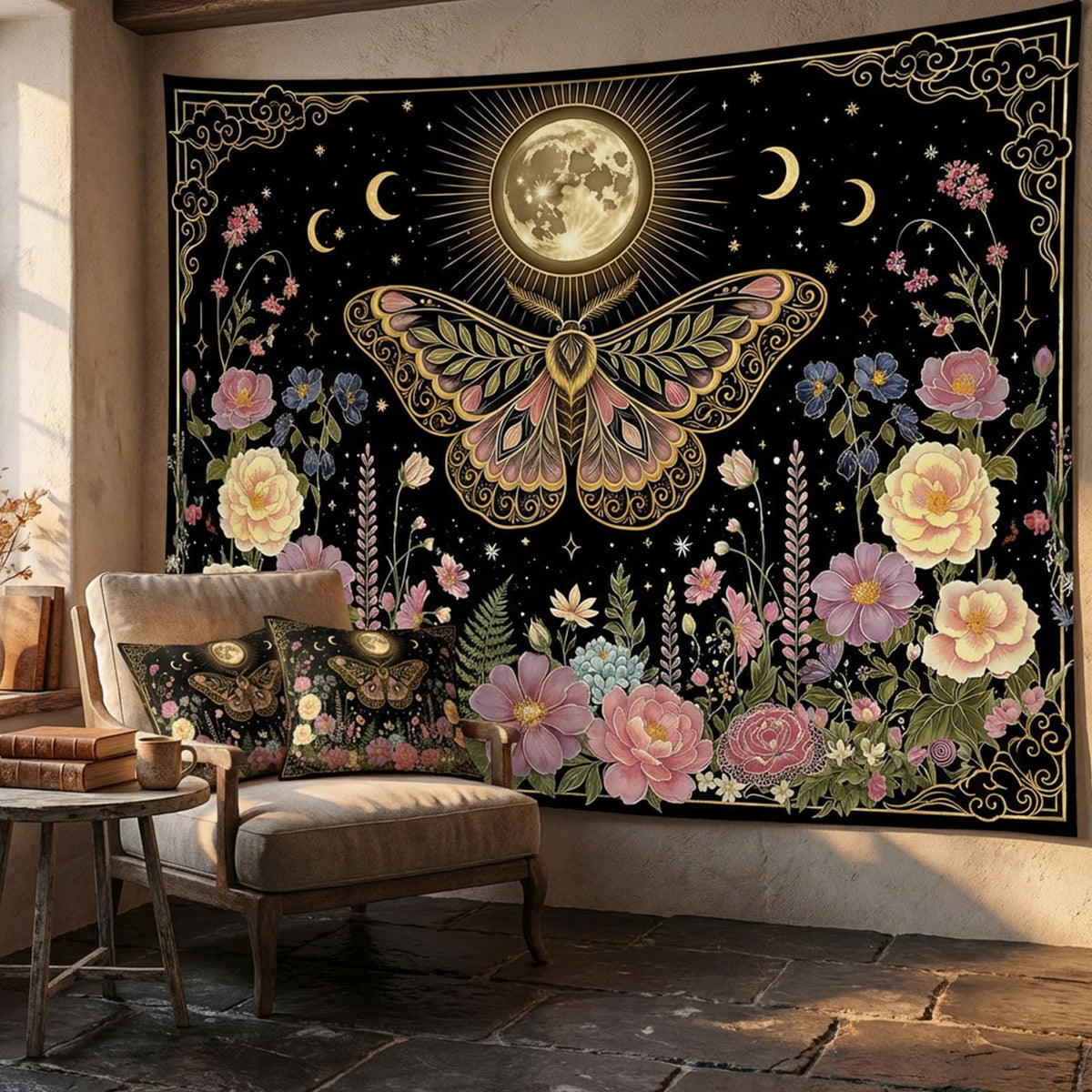 Tapestry Moon Moth and Floral Tapestries Witchy Cottagecore Tapestries Mystical Nature Wall Tapestry Bedroom Dormitory Living Room Decoration 90"x70" (Black Pink / 90"L x 70"W)