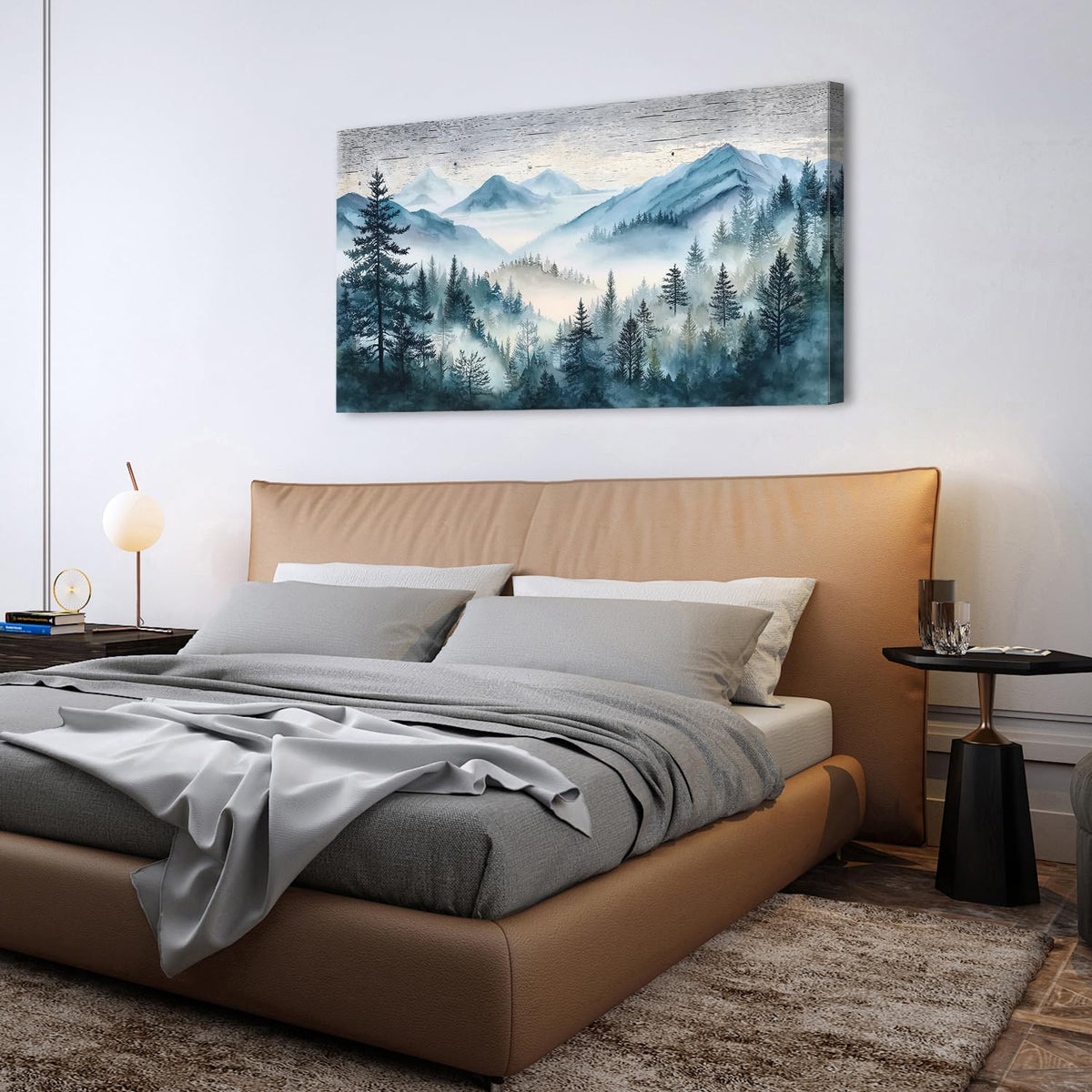 Big Foggy Forest Wall Art Abstract Smoky Mountain Wall Decor Vintage Rustic Landscape Picture Misty Pine Trees Painting Woody Mountains Poster Artwork for Bedroom Living Room Home Decorations 30x60" (57.8"L x 30"W / Misty Forest)