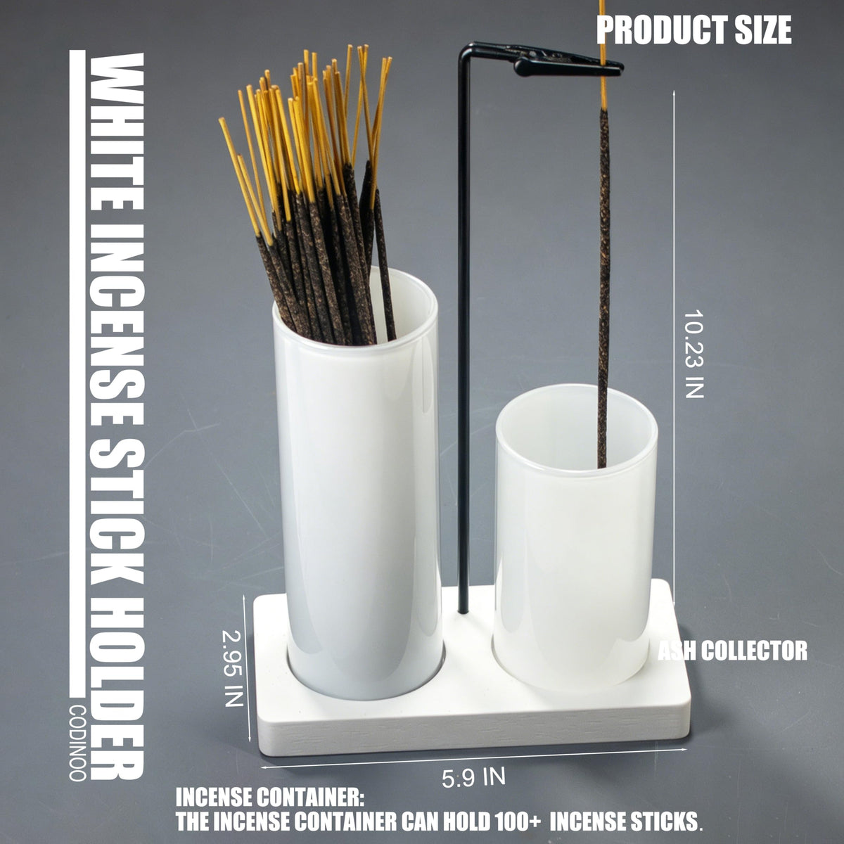 2 in 1 Incense Holder for Sticks Incense Burner Holder with Storage (All White / 1 tall 1 short glass)