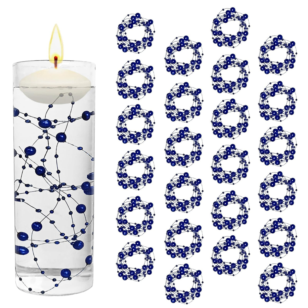 24Pcs Pearl String for Floating Candles Centerpiece (Dark Blue)