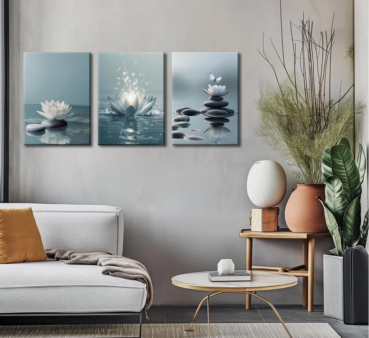 3Pcs Zen Stones Lotus Spa Canvas Wall Art White Lotus Blooming on Stones Painting Picture Wall Decor Modern Spiritual Poster Print Artwork for Yoga Meditation Spiritual Room Bathroom Home Decoration (Canvas / 16L" x 12W")