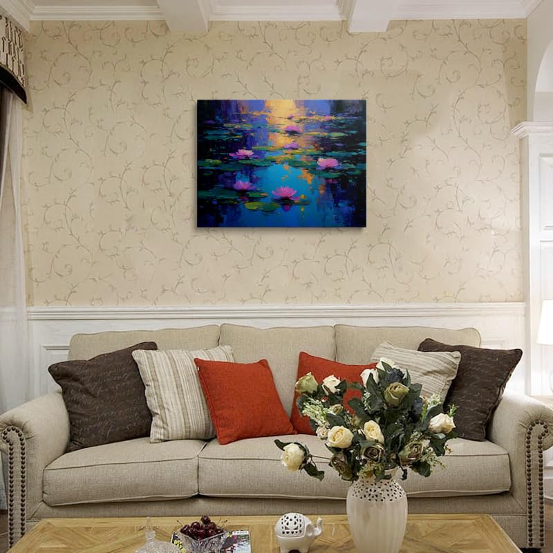 Calming Water Lilies Canvas Wall Art Framed Impressionist Painting Pink Blooms on Serene Pond Textured Brushstrokes Blue Turquoise Reflection Zen Wall Decor Artwork Poster 16x24 Inches (Water lilies / 24"L x 16"W)