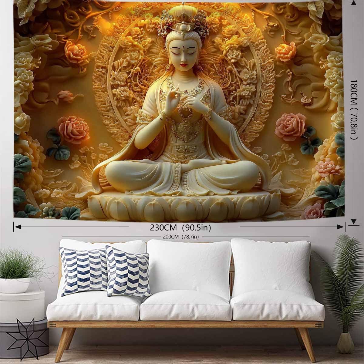 Sitting White Buddha Tapestry Wall Hanging Buddhist Statue With Flower Meditation Wall Decor Zen Art Psychedelic Indian Wall Blanket for Bedroom Living Room Home Decor (White / 90"L x 71"W)