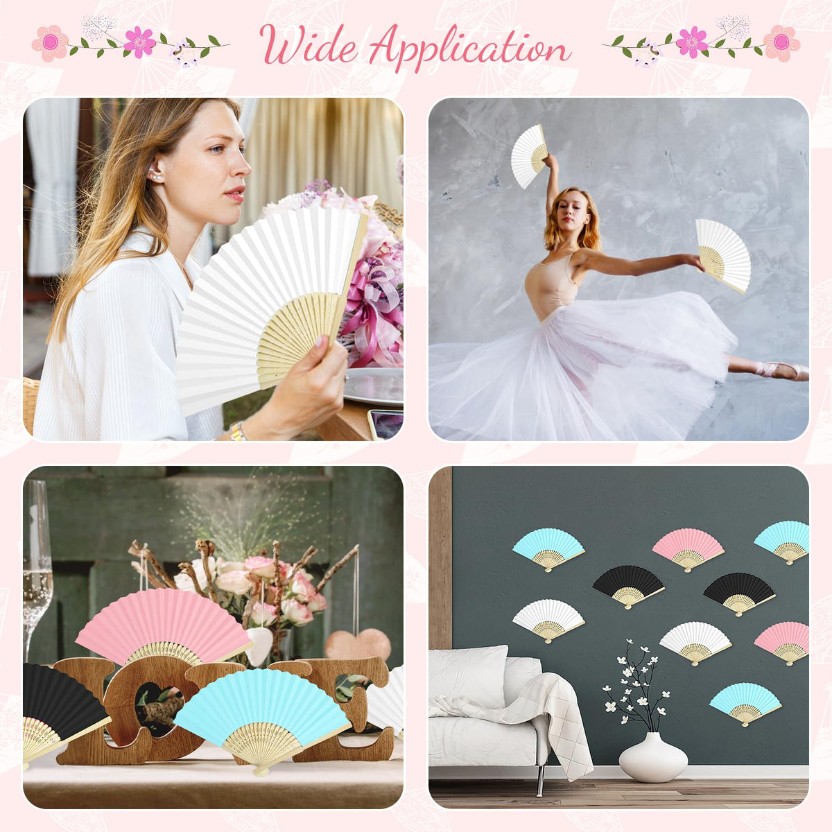 50 Pieces Paper Fans Paper Hand Fan Bamboo Folding Fan Handheld Fan Paper Folded Fan Paper Fan for Wedding Party and Home Decoration (Black)