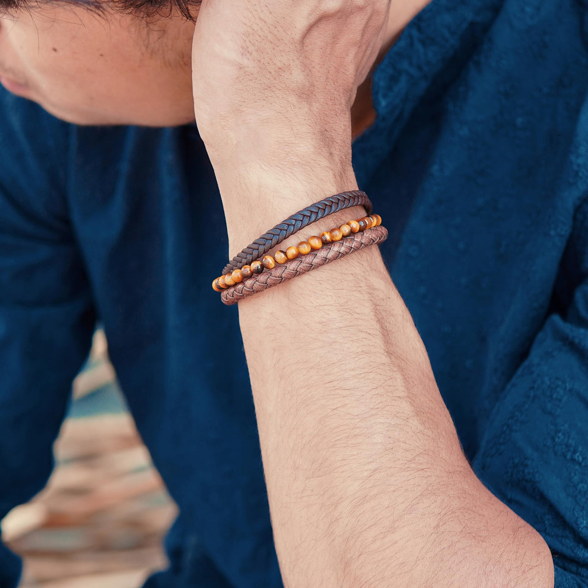 Brown Leather Bracelet for Men (Medium / Multi-Strand)
