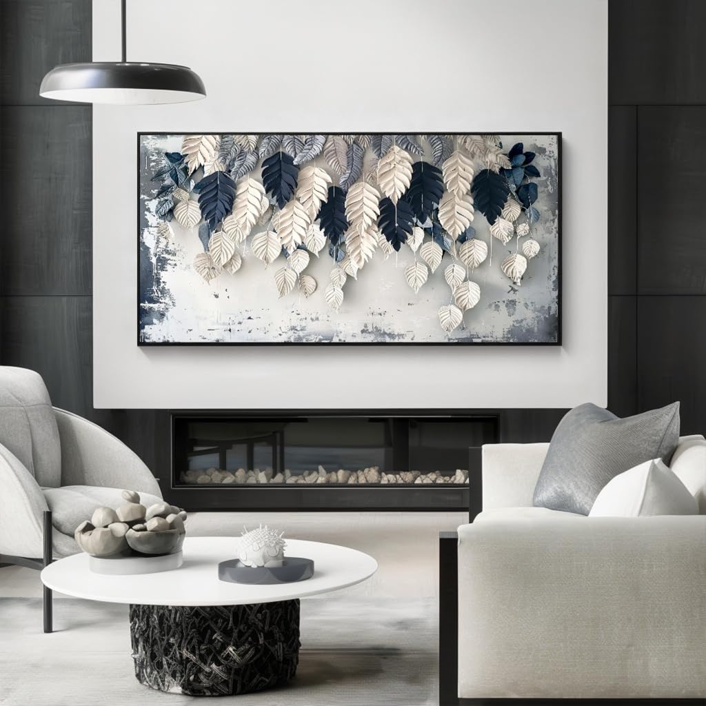 Botanical Leaf Wall Art White Blue Modern Framed Canvas Decor 20"x40" (40"L x 20"W / Leaf 01)
