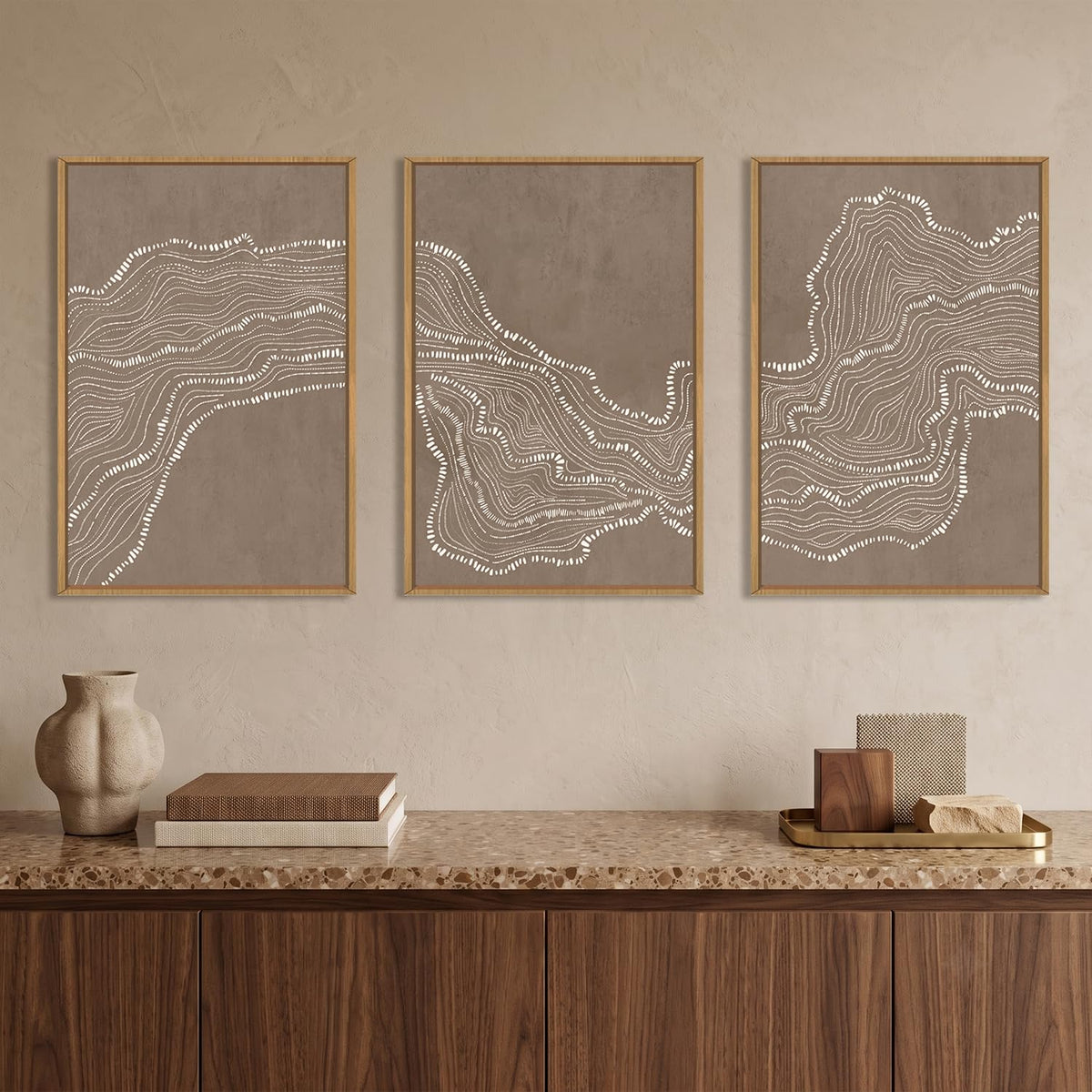 Abstract Neutral Wave Line Framed Canvas Wall Art Set (Abstract Line Wall Art / 16"L x 24"W)