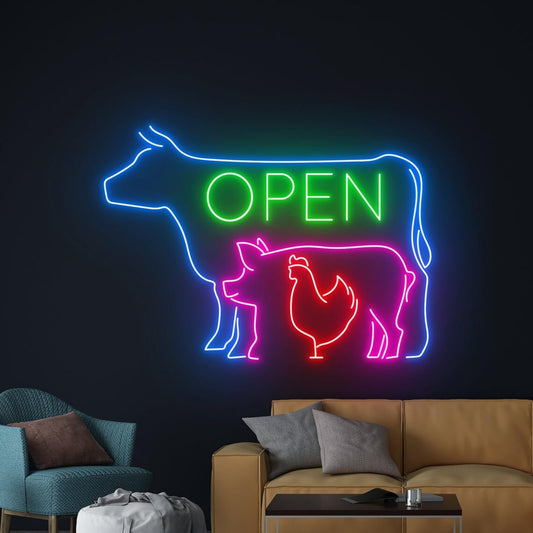 BBQ Open LED Neon Sign Farm Animal Butcher Shop Wall Decor (BBQ OPEN)