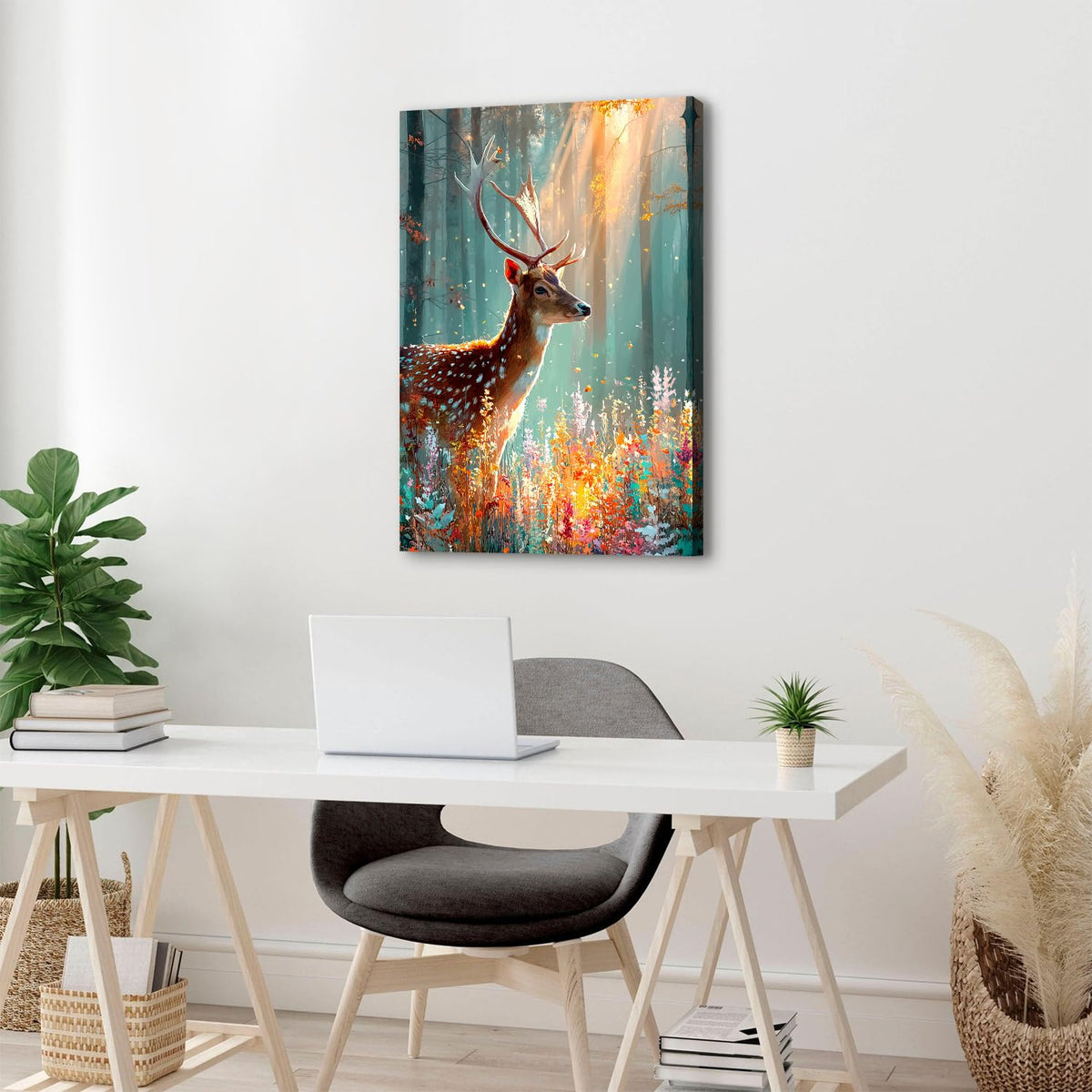 Deer Wall Art Fall Forest Wall Decor Nature Autumn Landscape Picture Rustic Wildlife Animal Canvas Prints Farmhouse Elk Painting Colorful Flowers Artwork for Bedroom Living Room Home Decoration 24x36" (36"L x 24"W / Fall Deer01)