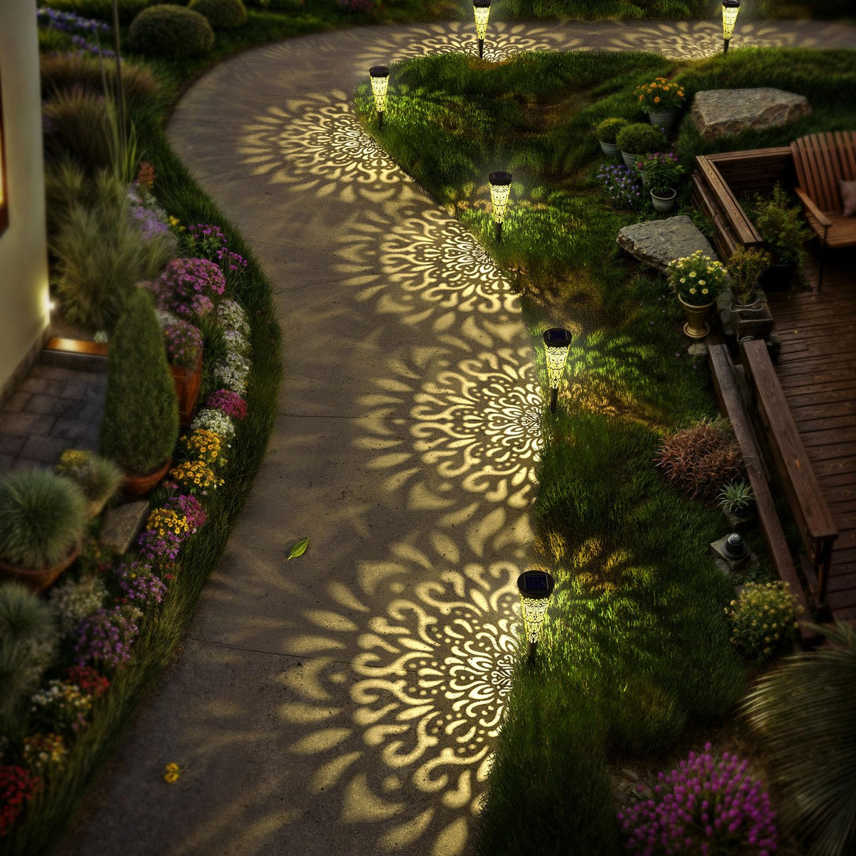 6 Pack Solar Lights Outdoor Garden Decorative Mandala Solar Pathway Lights Waterproof Plastic Outside Solar Path Landscape Lights Gardening Gifts for Women Mom Backyard Walkway Yard Decor (6Pcs / Black-a)