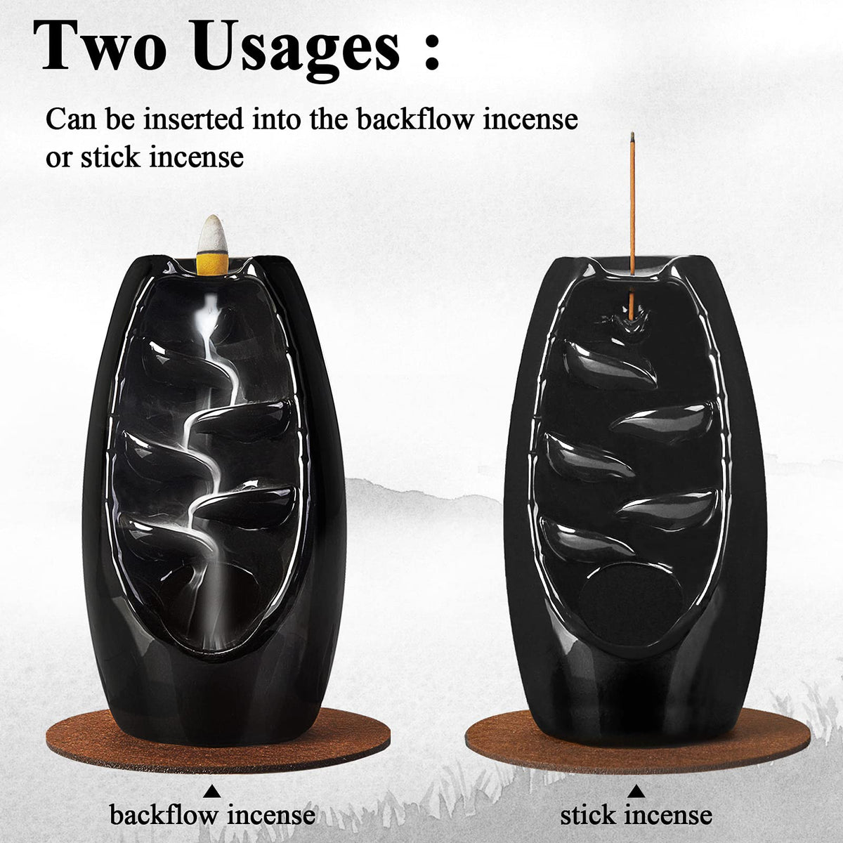 Ceramic Backflow Incense Holder Waterfall Incense Burner (Jet Black)