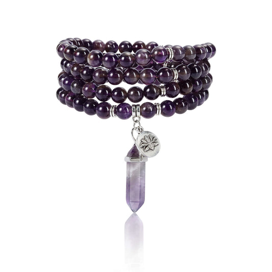 108 Mala Beads Bracelet 8mm Natural Amethyst Healing Crystal Stone Mala Prayer Bead Necklace Hexagonal Prism Gemstone Reiki Pointed Pendant for Yoga Meditation Energy Balancing (Amethyst Crystal)