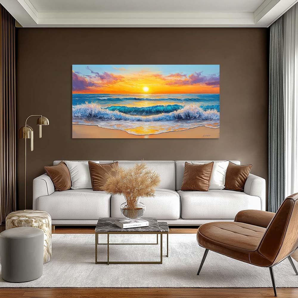Modern Coastal Canvas Wall Art Beach Sunset Ocean Landscape Painting Flat Print Gallery Wrapped Nautical Farmhouse Home Artwork for Living Room Bedroom Bathroom Decor (Abstract / White Ocean Wave Sunset 16 / 58"L x 28"W)