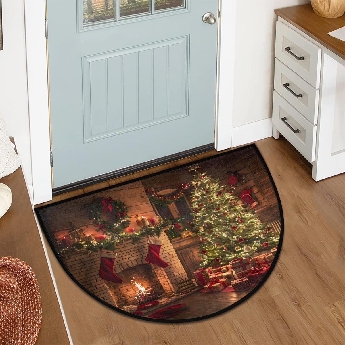 Half Round Doormat Christmas Fireplace Tree Decor Semi Circle Rug Non Slip Indoor Outdoor Entrance Half Moon Rug Washable Front Floor Mat for Kitchen Bathroom Patio Fireplace Holiday Decor A (Z:christmas 7)