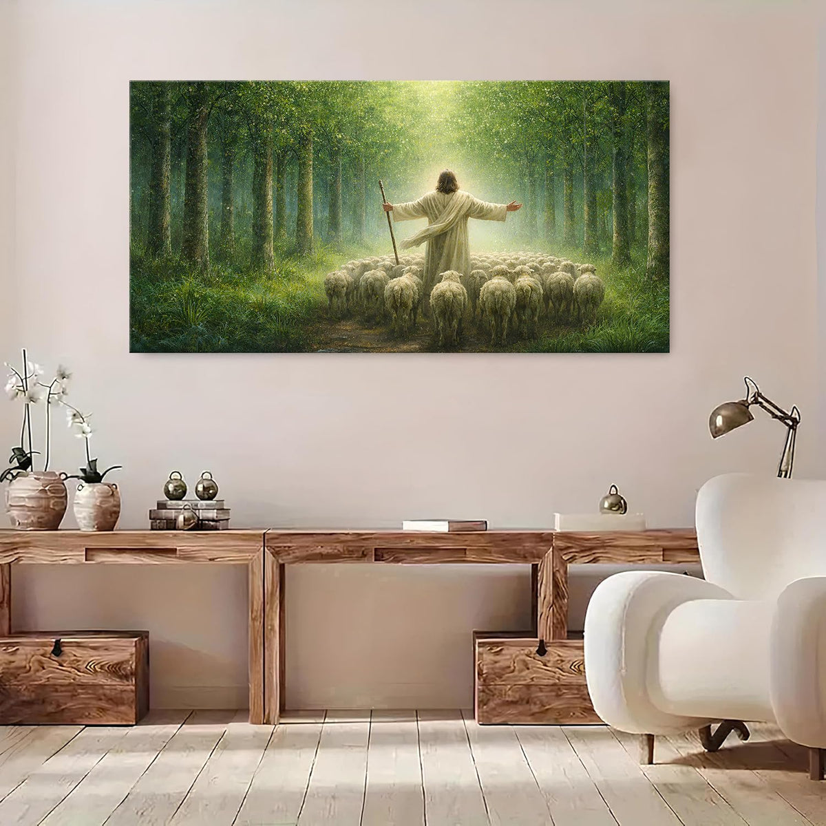 Big Christian Canvas Wall Art Jesus and Lamb Wall Decor Good Shepherd Jesus Picture Prints Jesus Walking in Forest Painting Serene Nature Poster Artwork for Living Room Bedroom Decorations 30x60” (60"L x 30"W / Jesus Forest)