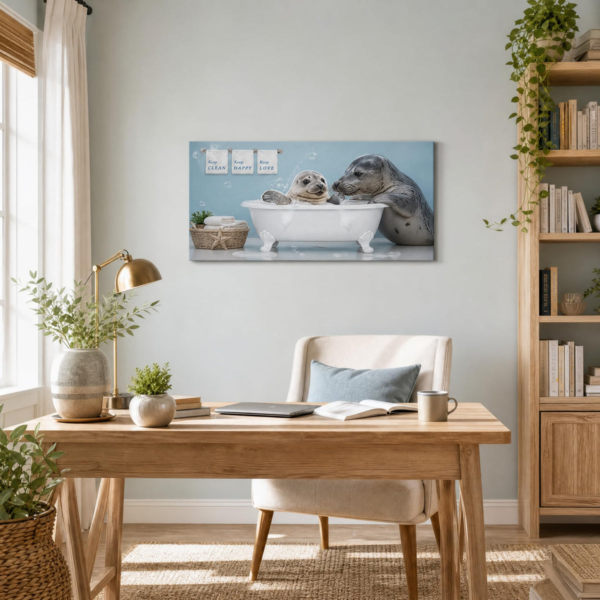 Cute Baby Seal Bubble Bath Canvas Wall Art Funny Animal Bathtub Painting Flat Print Gallery Wrapped Artwork for Living Room Bedroom Bathroom Decor (Wildlife / White Baby Seals Bathtub 22 / 40"L x 20"W)