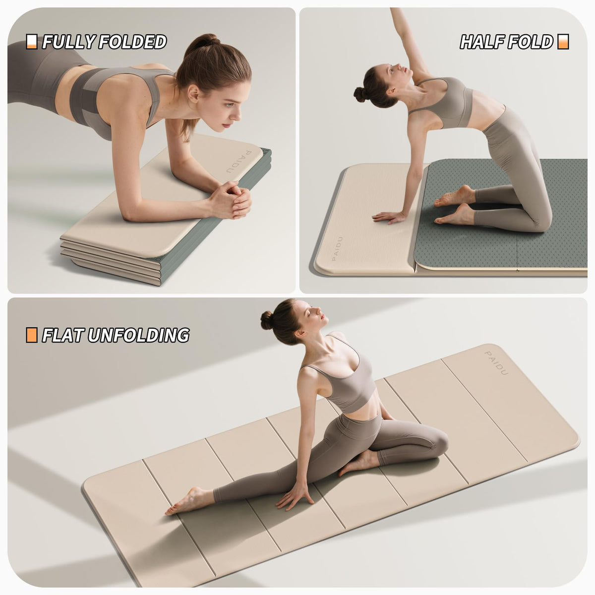 Foldable Yoga Mat 10MM Thick SGS Certified TPE 75x26" Portable (Beige+Dark Gray)