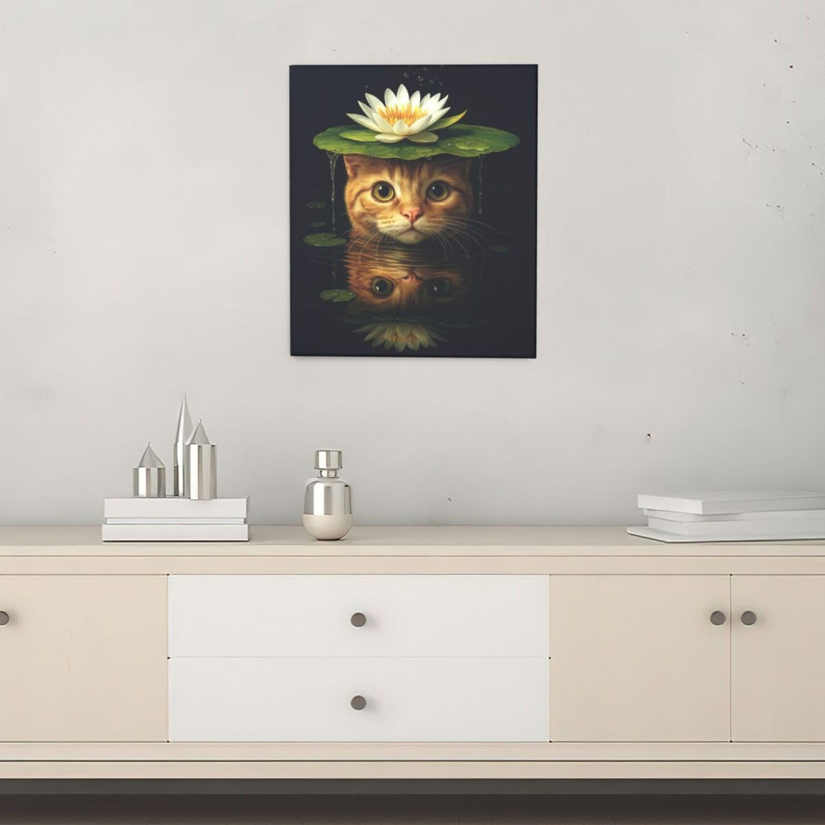 Cat Bathroom Wall Art For Woman Water Lily Kitten Canvas Wall Decor Oriental Asian Pictures Paintings Prints Vintage Aesthetic Artwork Framed Decorations For Bathroom Bedroom Living Room Office Gifts 20" x 24" (Waterlily Cat / 24"L x 20"W)