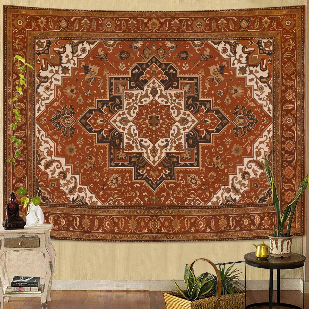Vintage Floral Tapestry Wall Hanging Hippie Indian Bohemian Mandala Tapestry Aesthetic Retro Carpet Brown Small Tapestries for Mural Bedroom Living Room Dorm Decor 60 x 44 Inch (Eight Angles / 60"L x 44"W)