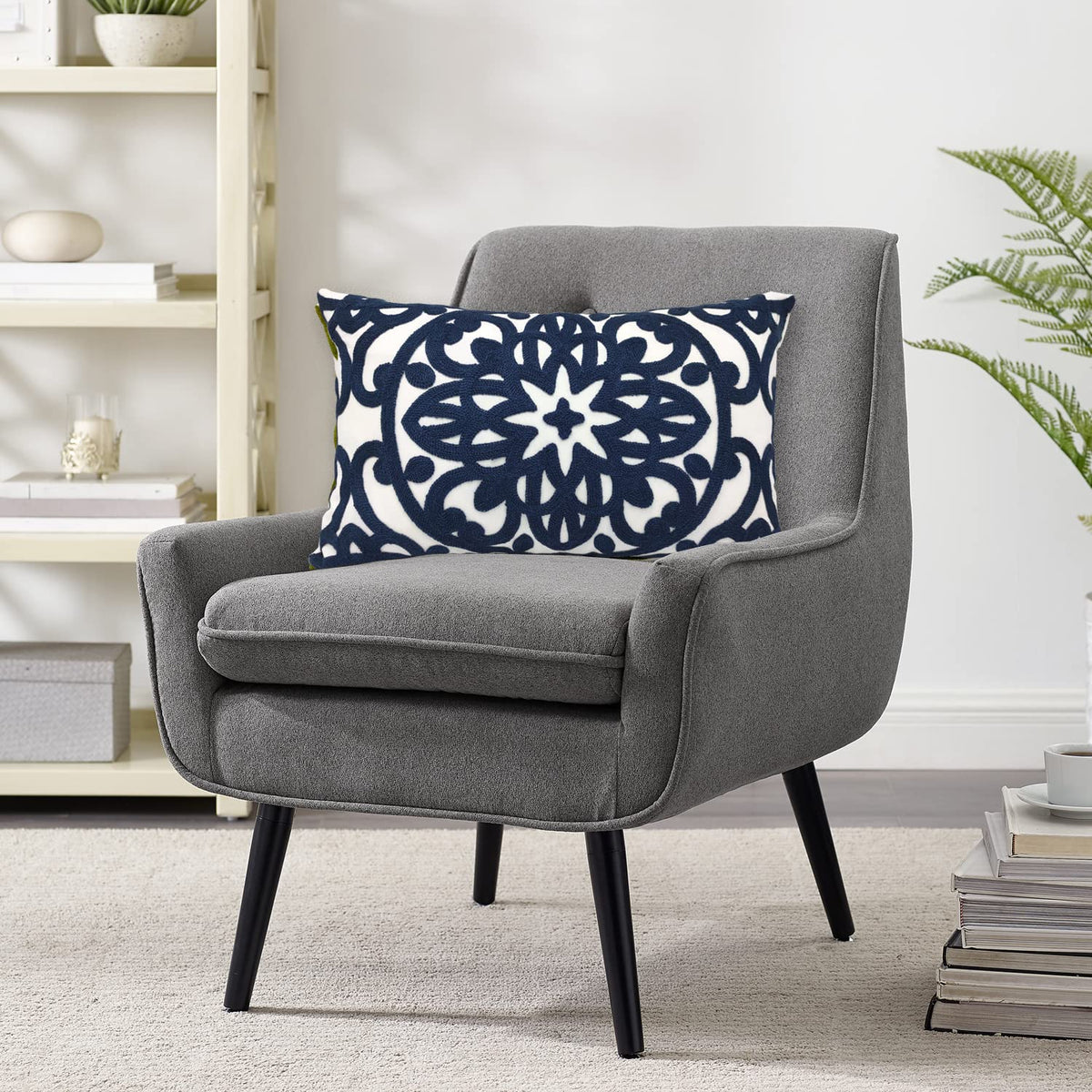 Boho Embroidered Lumbar Throw Pillow Cover 12"x 20" (Navy / 20" x 12" (Pack of 1))