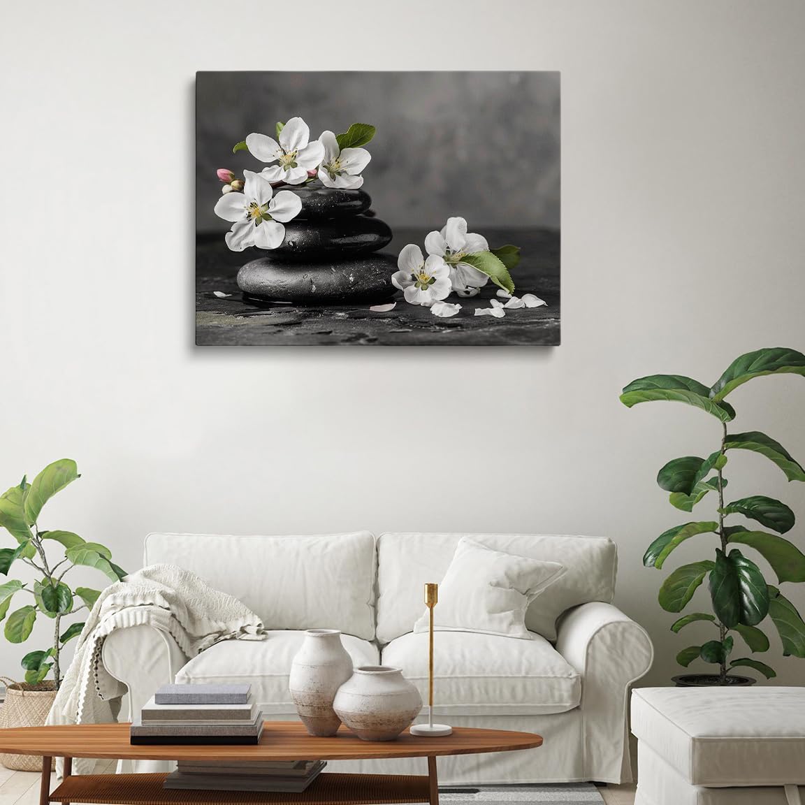 Zen Black Stones and White Flowers Wall Art (Wood Framed-9 / 24"L x 36"W)