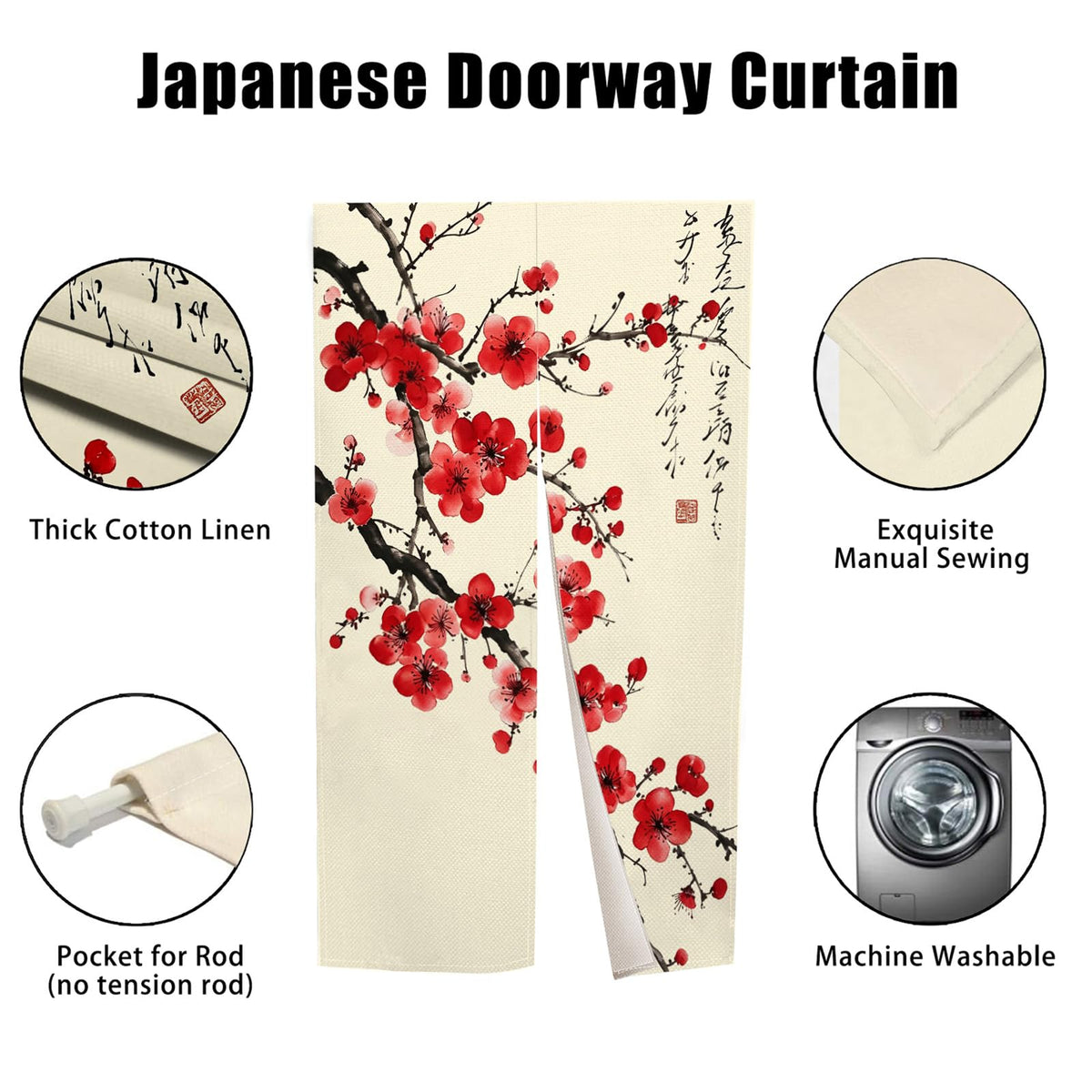 Japanese Door Curtains for Doorways (Red / 33.5"W x 70.9"L (Pack of 1))