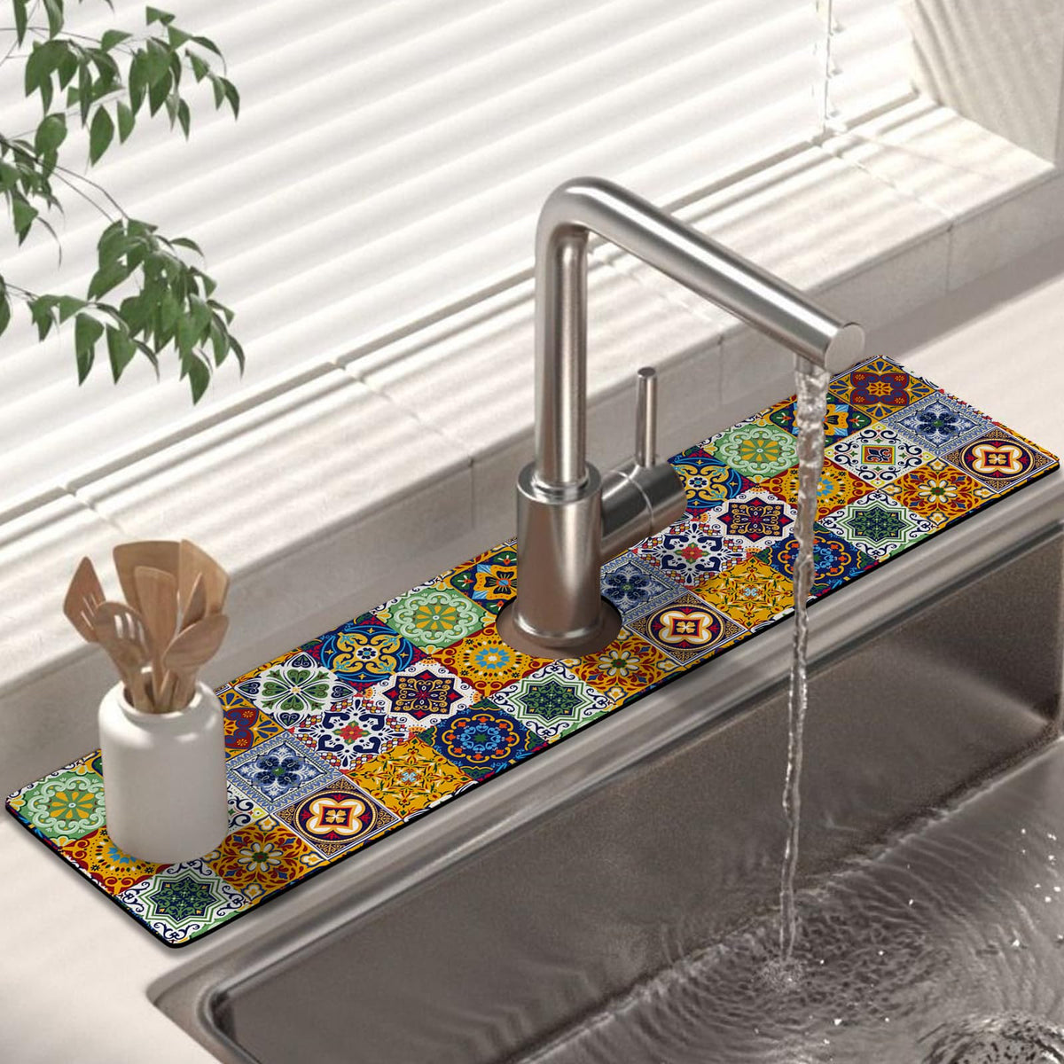 Kitchen Sink Splash Guard Faucet Mat 24" X 5.5" Talavera Mexican Tiles Absorbent Fast Drying Mat Faucet Draining Mat Sink Splash Guard Behind Faucet Drip Catcher for Kitchen Bathroom (24*5.5in / tile01)