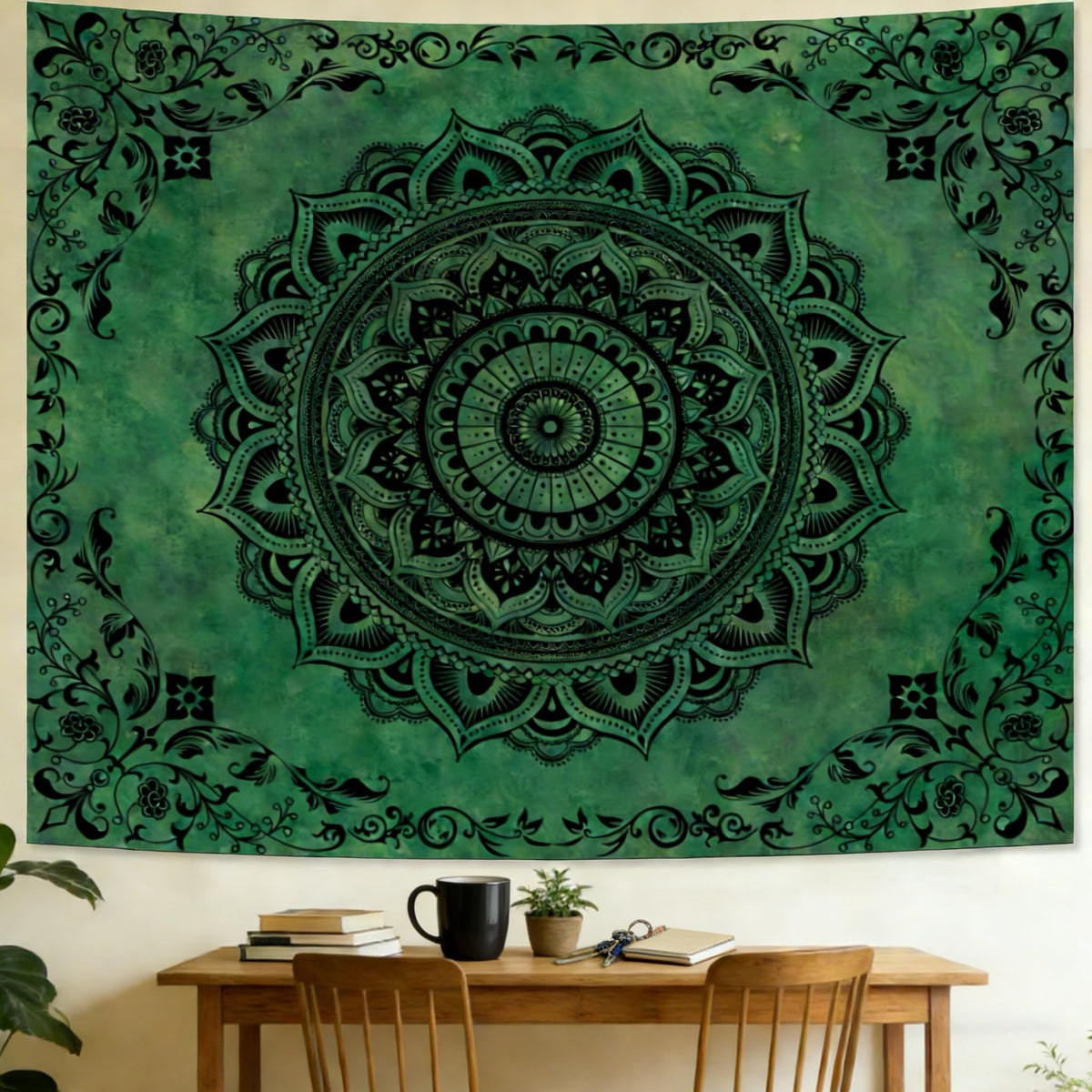 Green Hippie Tapestry Wall Hanging (Green Mandala Tapestry / 60"L x 51"W)