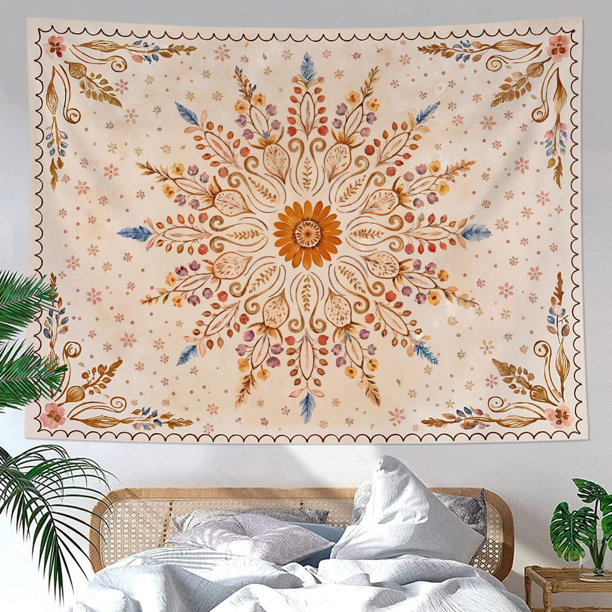 Boho Floral Mandala Tapestry for Bedroom Aesthetic Watercolor Bohemian Flower Wall Tapestry Brown Beige Hippie Indian Tapestries Wall Hanging for Living Room Dorm Decor 60 x 44 Inch (Brown Yellow / 60"L x 44"W)