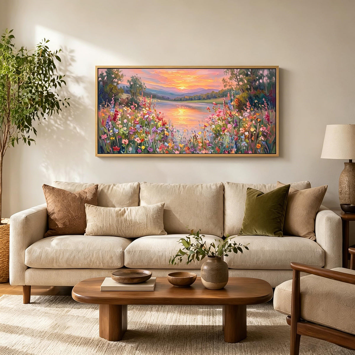 Large Floral Landscape Wall Art Wildflower Meadow Lake Sunset Painting Picture Colorful Botanical Flower Nature Canvas Wall Decor Distant Mountain Forest Print Artwork for Living Room Bedroom (Sunset / 32"L x 16"W)