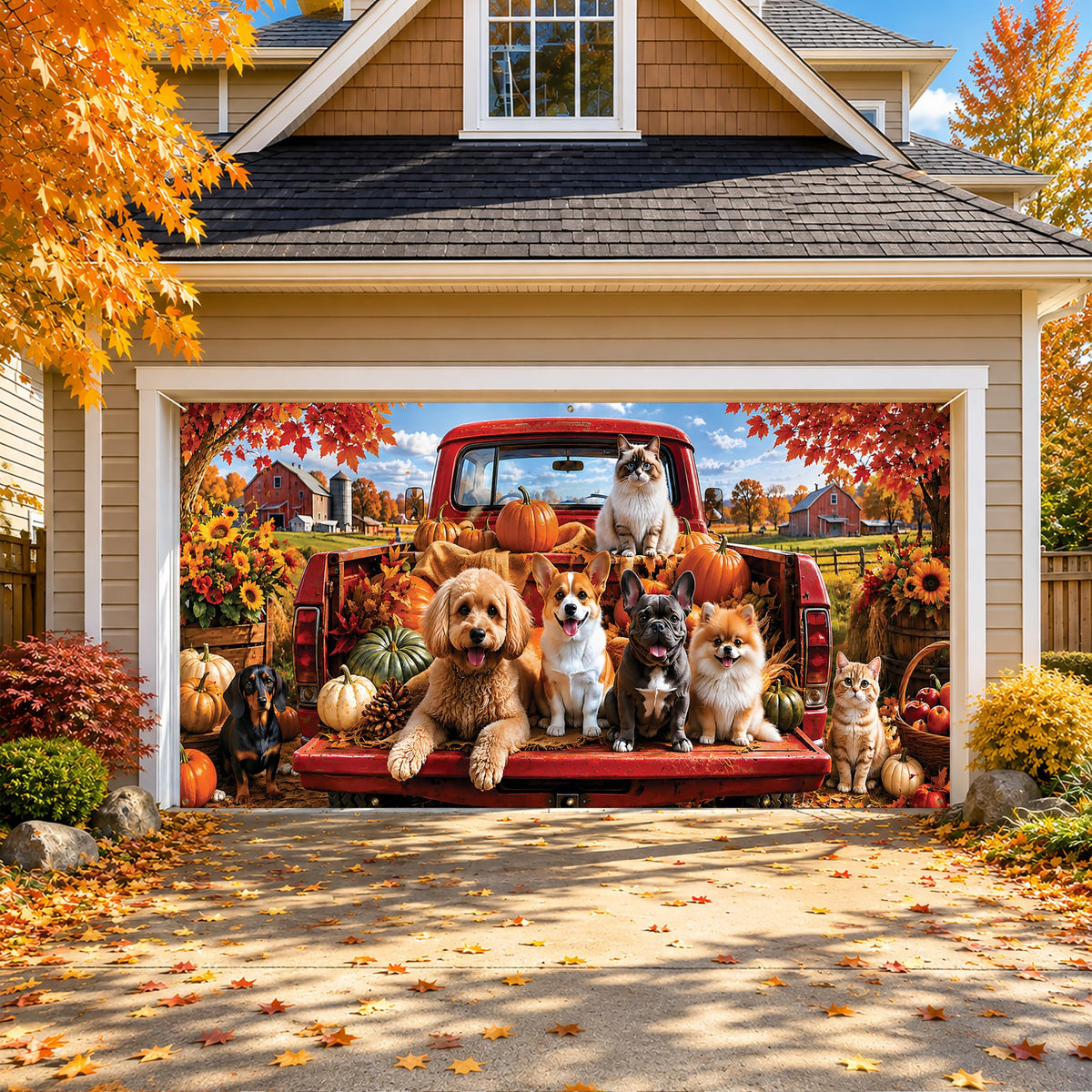 Thanksgiving Garage Door Banner Red Truck 6x13FT Fall Harvest Backdrop (Dog Families)