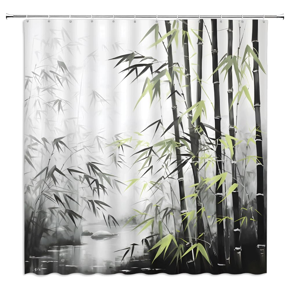 Bamboo Shower Curtain Retro Bamboo Forest Green Grey Leaf River Vintage Asian Japanese Ink Painting Spa Fabric Bathroom Decor Curtains with Hooks (Green Black / 80"W x 70"L (Pack of 1))