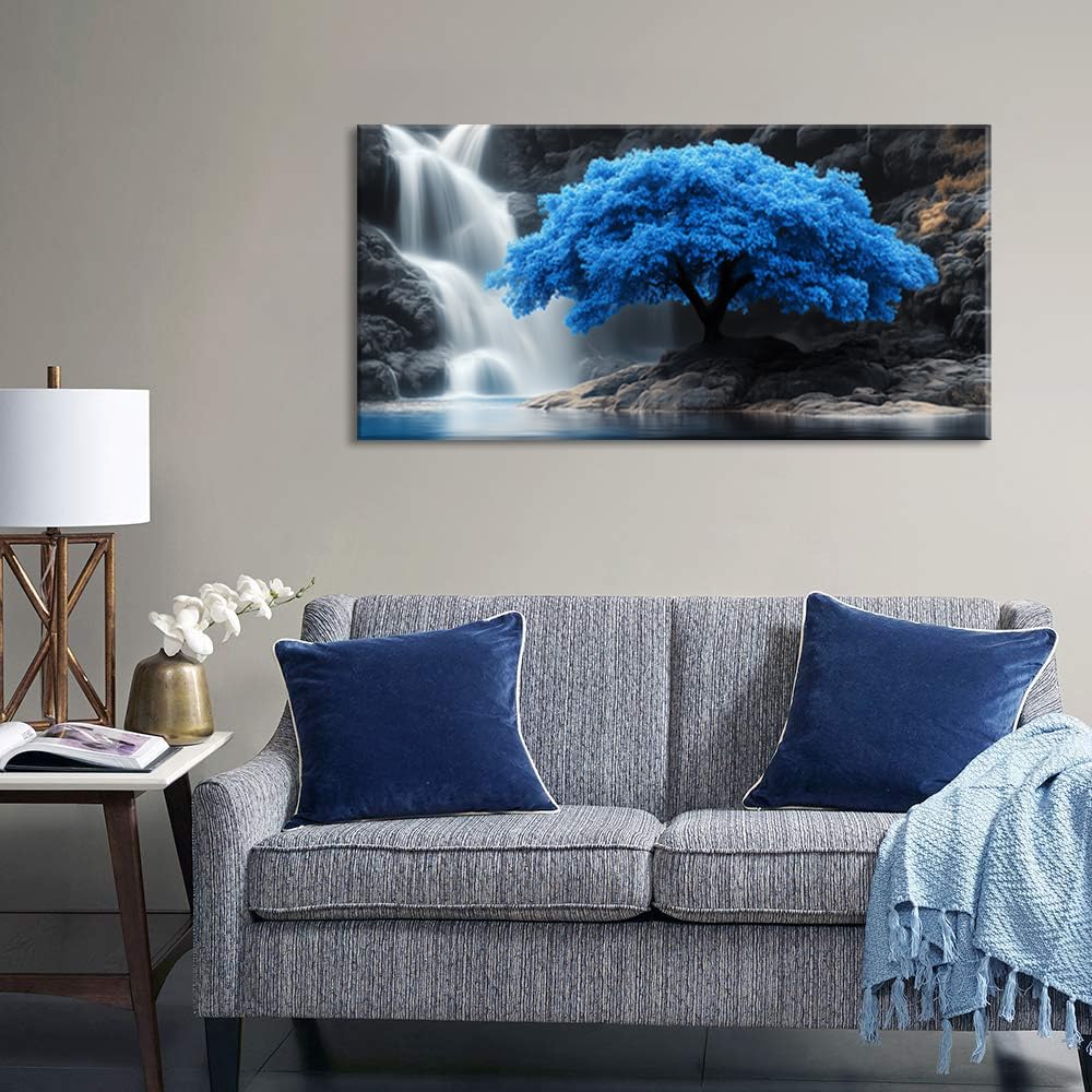 Navy Blue Tree Scenery Wall Art for Living Room Office Waterfall Landscape Art Deco Black and White Scenic Painting Prints Nature Canvas Artwork Over the Couch Bedroom Decor Extra Large (58"L x 28"W / Navy Blue Tree Wall Art (K868))