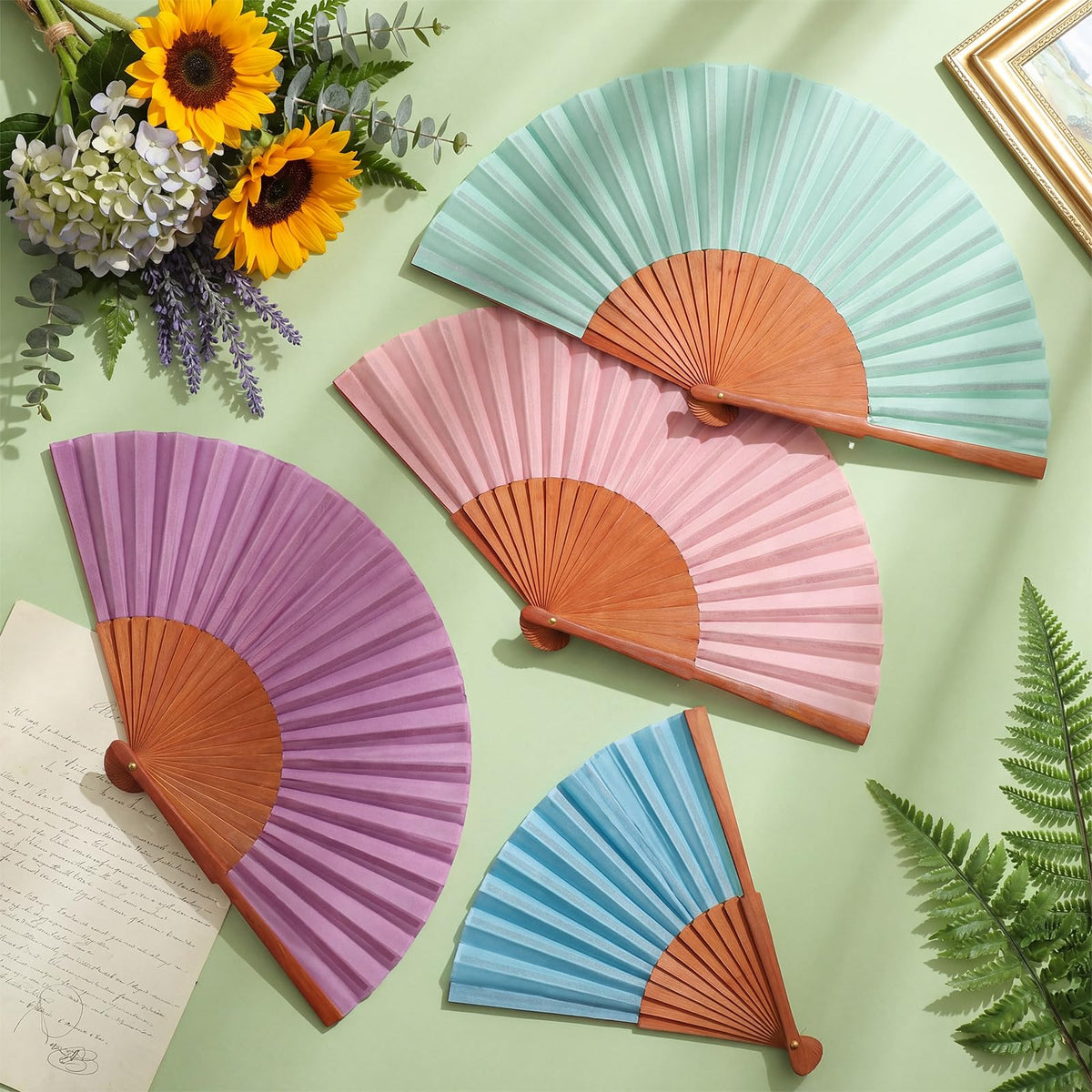 4 Pcs Silk Handheld Folding Fan Women Wood Spanish Fan (Morandi Color)
