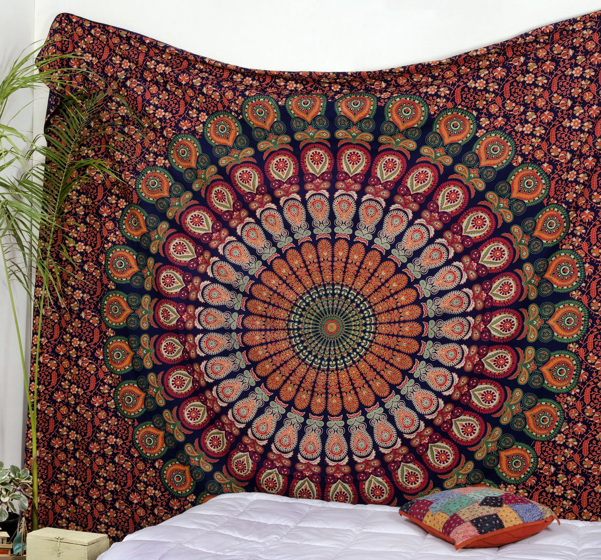 Tapestry Wall Hanging Hippie Mandala Bohemian Hippy Intricate Indian Tapestries Bedspread 84x90 Inches (90"L x 84"W / Blue Orange)