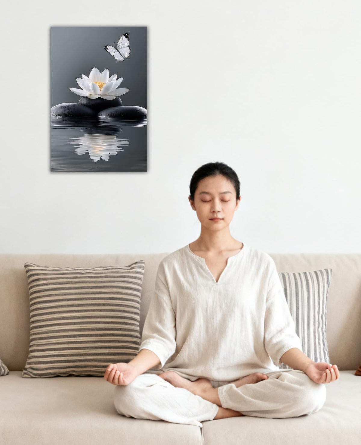 Zen White Lotus Canvas Wall Art Spa Room Meditation Wall Decor Peaceful Stone Butterfly Posters Prints for Bathroom Yoga Spiritual Room Bedroom Decoration (Artwork-3 / 42"L x 28"W)