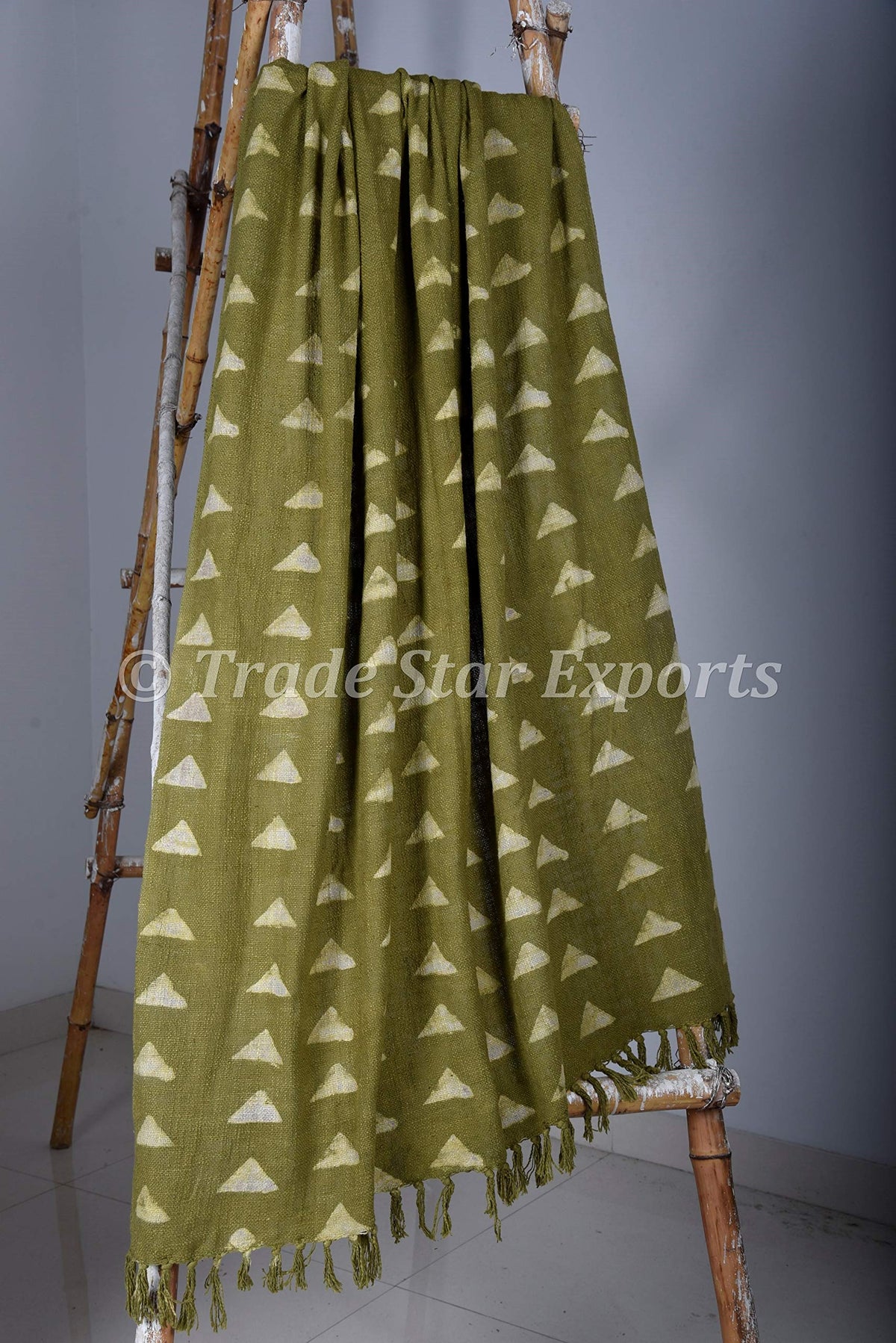 Mud Cloth Print Throws Handloomed Housewarming Wedding Gifts Block Print Blanket 100% Cotton Soft Tassel Blanket for Home Rustic Wall Decor (Green / Maple (120 x 170 Cms))