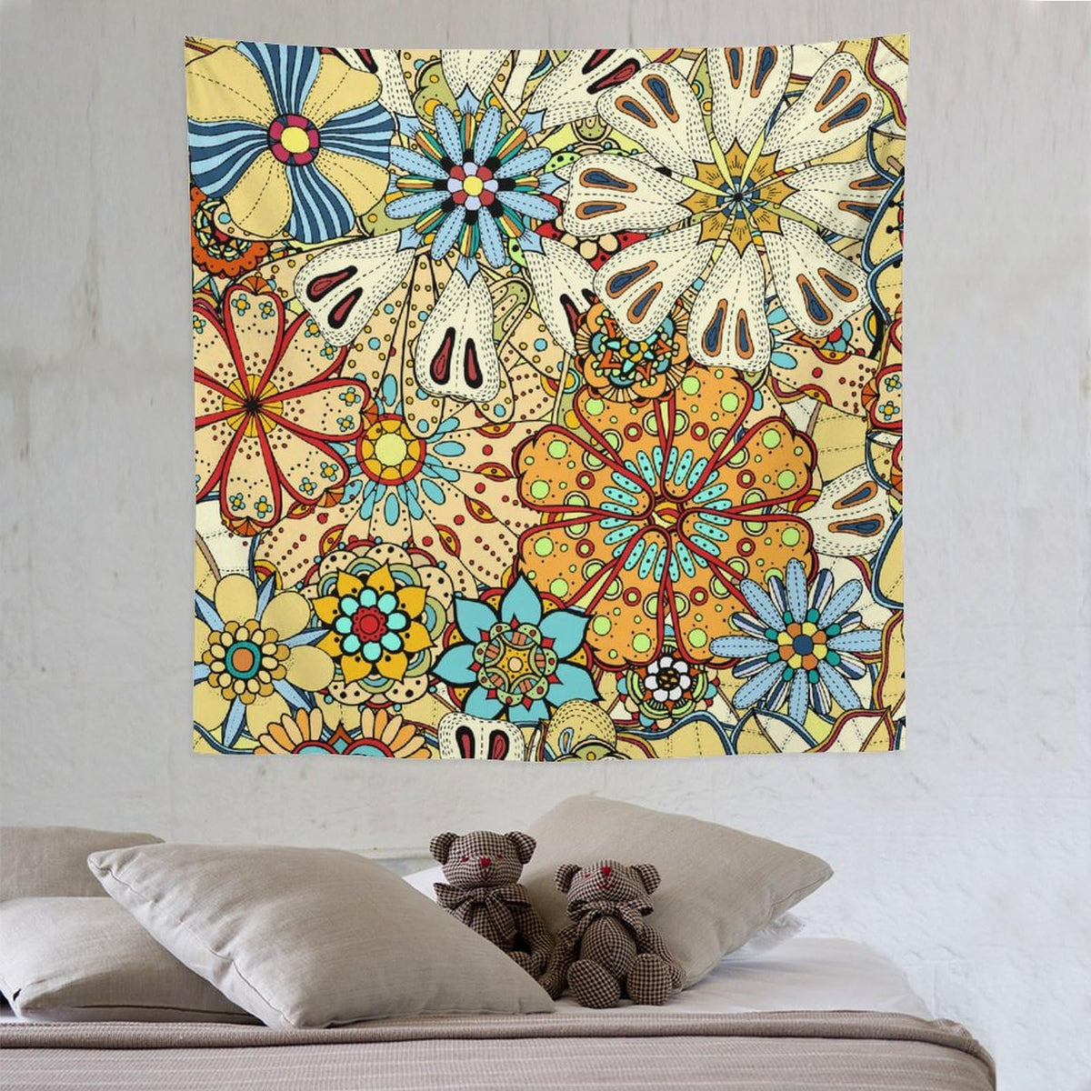 Boho Floral Tapestry Wall Hanging Vintage Colorful Flowers Bohemian Print Mandala Tapestries Home Decor for Living Room Bedroom Apartment Farmhouse Dorm 60"x60" (60"L x 60"W / Mandala-34)