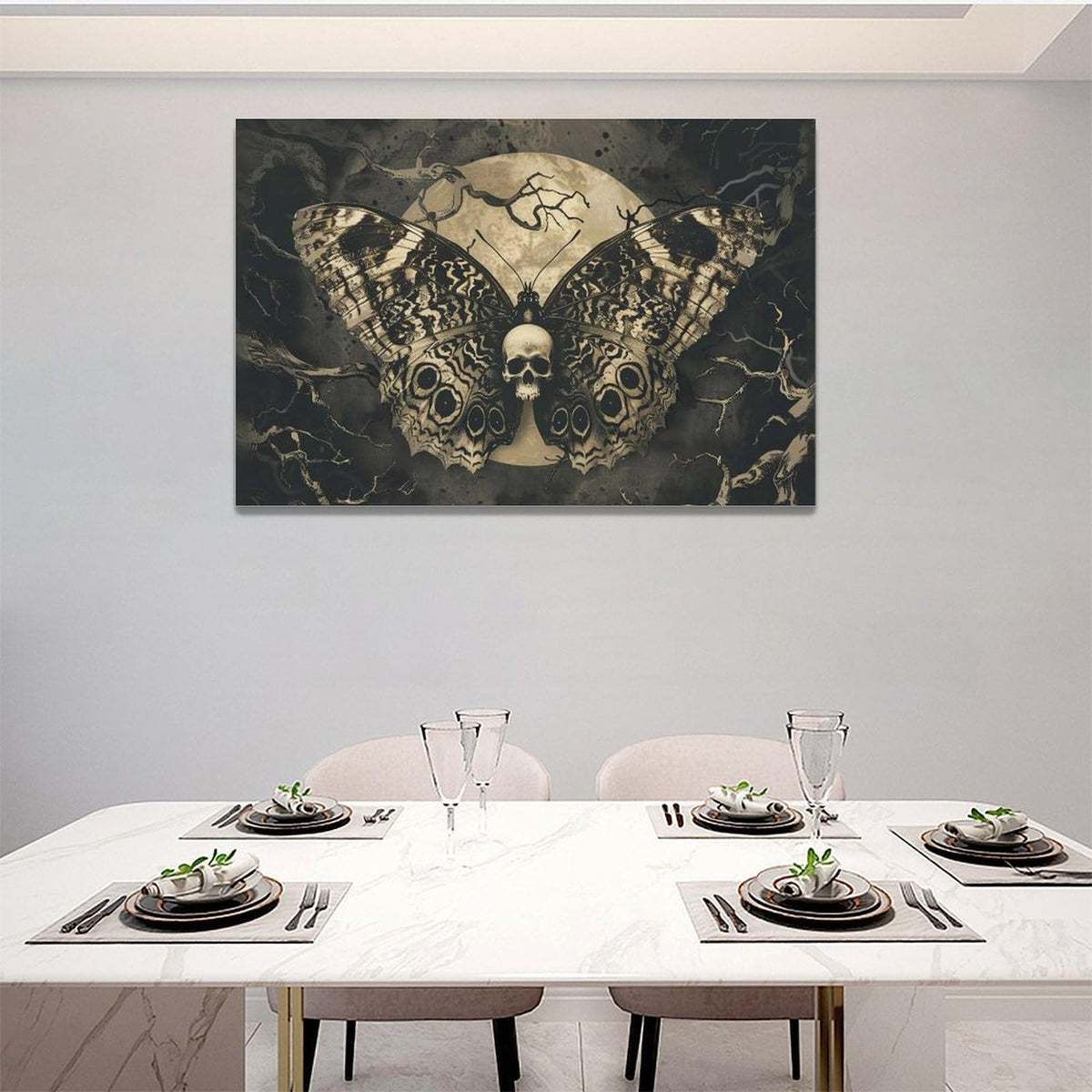 Gothic Skull Wall Art Spooky Skeleton Butterfly Pictures Decor Goth Moon Horror Canvas Painting Home Artwork Decorations for Halloween Bathroom Living Room Bedroom 24x16 inch (24L" x 16W" / Skull Butterfly)