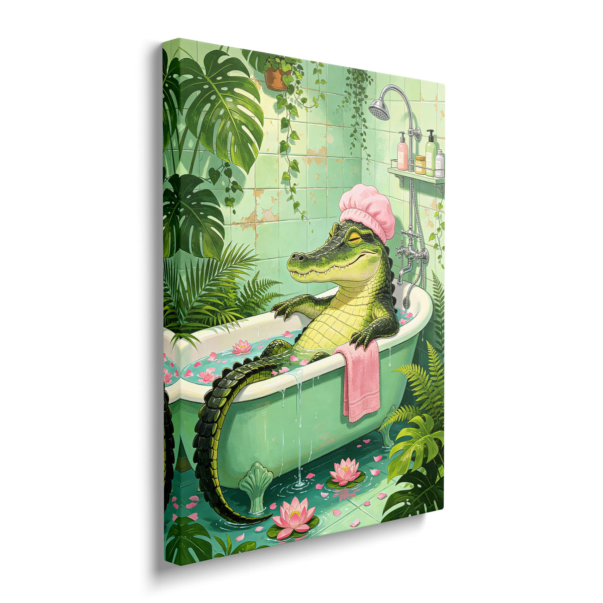 Bathing Crocodile Canvas Wall Art Funny Bathroom Framed ArtWork 20"x24" (Bathing Crocodile / 24"L x 20"W)