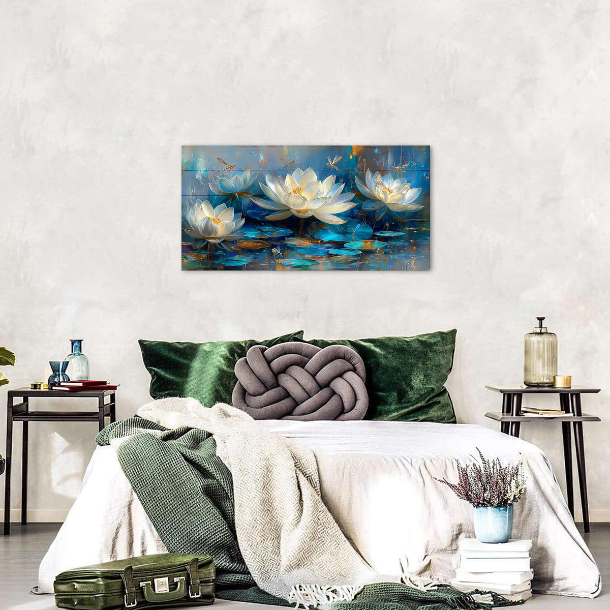 Blue Pond Lotus Flower Wall Art Abstract Zen Wall Decor Nature Plant Picture for Bedroom Watercolor Dragonfly Botanical Leaves Canvas Prints Modern Artwork Living Room Meditation Decorations 20x40" (40"L x 20"W / Lotus Flower)