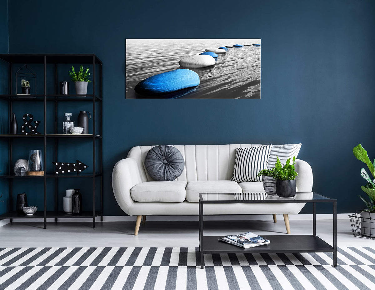 Blue Zen Stone Canvas Print Wall Art 30x60 Inch (60"L x 30"W / Blue7)