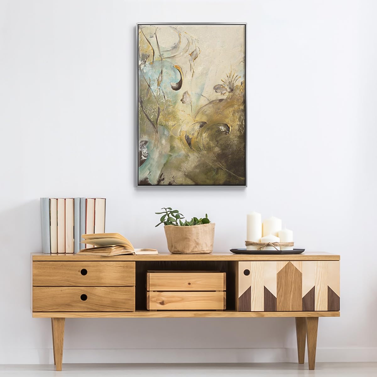 Nature Wall Art Silver Floating Frame Paintings Modern Enchanted Garden Foliage Abstract Hanging Artwork Home Prints for Bedroom Office Kitchen (41"L x 27"W / Enchanted Garden II)