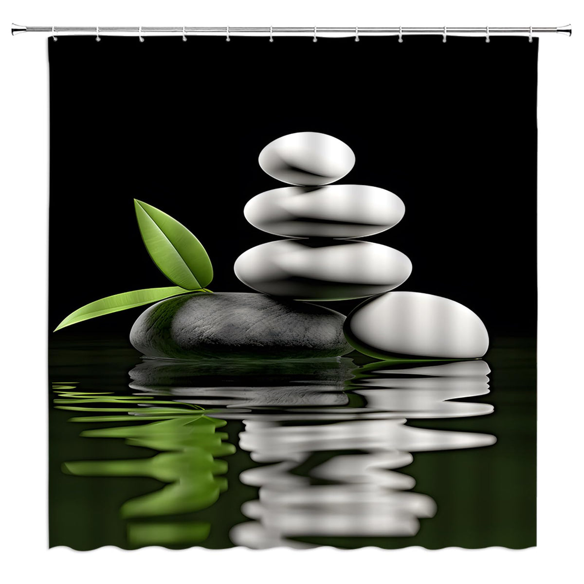 Spa Shower Curtain Water Stone Leaf Garden Japanese Asian Nature Black White Green Bathroom Home Curtain Decor with Hooks (Black White Green / 60"W x 70"L (Pack of 1))