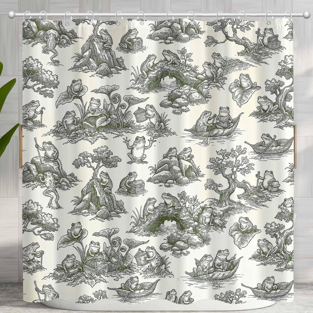Vintage Frog Toile Shower Curtain Set (72"W x 72"L (Pack of 1) / White Beige)